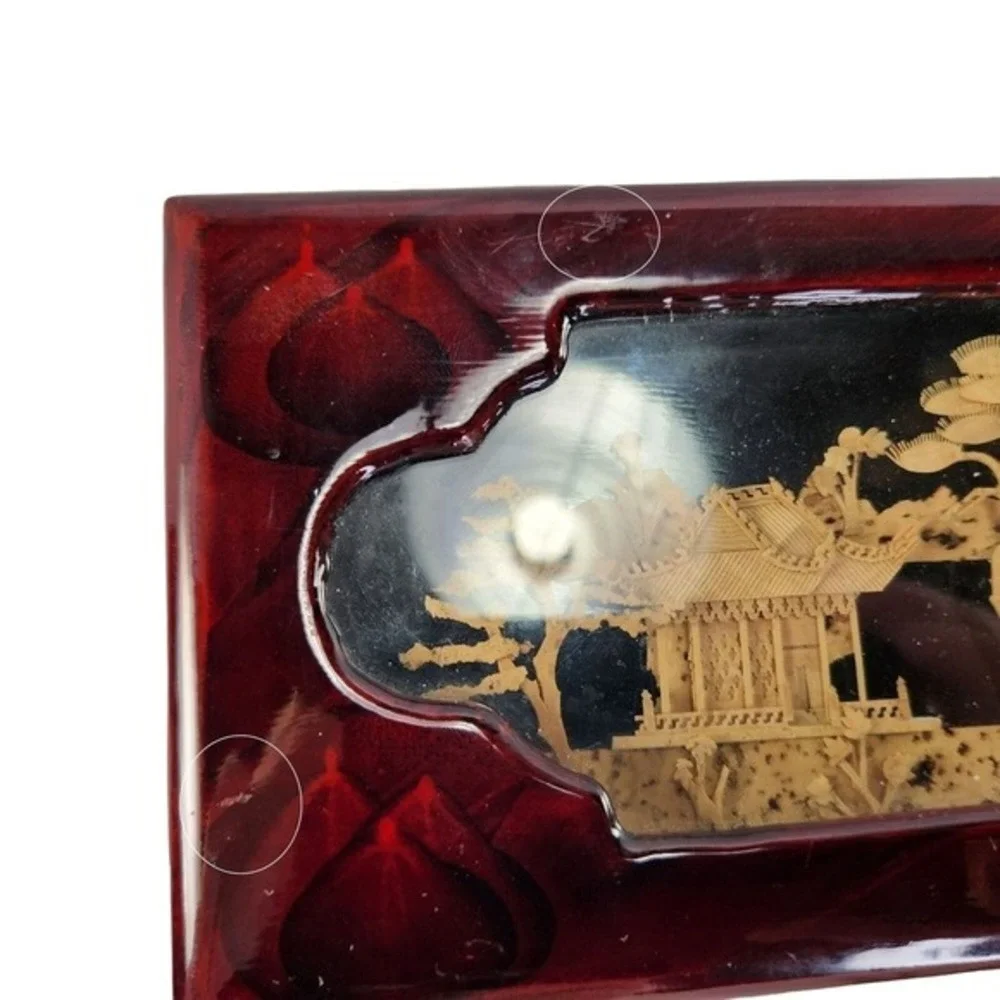 Lacquered Wood Jewelry Box Cork Diorama Pagoda Cranes Footed‎ Trinket Box READ